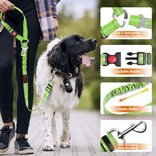 Removable Dog Seat Belt Harness for Car, 3 in 1 Pet Dog Car Seatbelt Leash, Retractable Restraint Secures to Vehicle Headrest & Adjustable Reflective Bungee Dog Seatbelt Tether, Green and Black - color: Black+Green