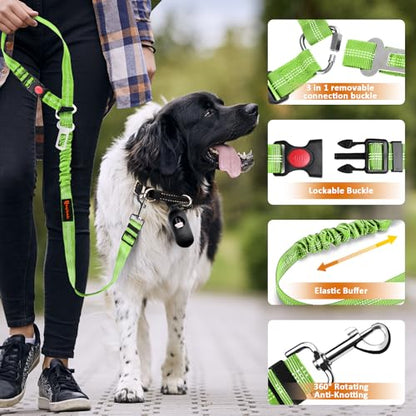 Removable Dog Seat Belt Harness for Car, 3 in 1 Pet Dog Car Seatbelt Leash, Retractable Restraint Secures to Vehicle Headrest & Adjustable Reflective Bungee Dog Seatbelt Tether, Green and Black - color: Black+Green