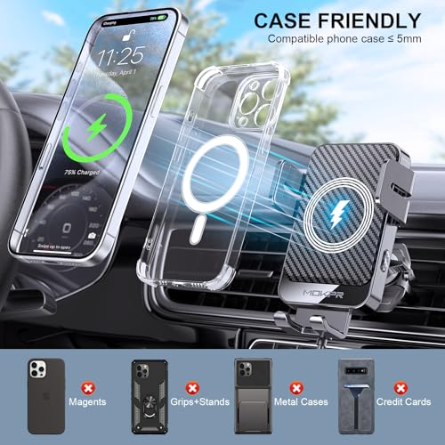 Wireless Car Charger, MOKPR 15W Fast Charging Auto-Clamping Car Charger Phone Mount Air Vent Cell Phone Holder Compatible iPhone 16/15/14/13/13 Pro/12 pro/12/11, Samsung Galaxy S23/S22/S21/S20, etc - color: Black