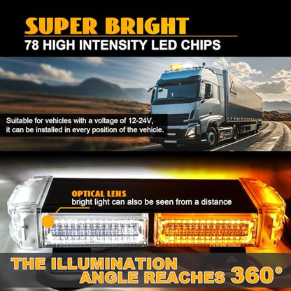 LED Strobe Flashing Light Bar, High Intensity 78 LED Emergency Beacon Hazard Caution Safety Warning Light Bar with Magnetic for Trucks Vehicles Car Roof ATV RV Van, Waterproof(Amber&White) - color: Amber&White