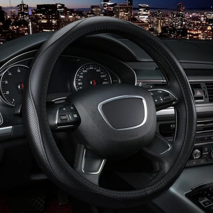 KAFEEK Steering Wheel Cover for Men Women, Universal 15 inch Microfiber Leather with Non-Slip Rubber Lining, Breathable Car Wheel Protector, Odorless, Durable, Black - color: black