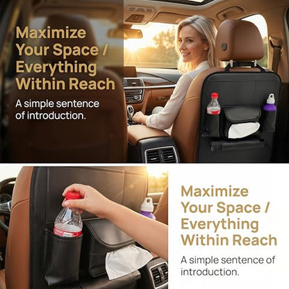 2 Pack PU Leather Premium Car SeatBack Organizer Travel Accessories Kick mats Back seat Protector and Cup Holder Holder Universal Use Seat Covers (23×17 in) - size: 22” x 17”inch