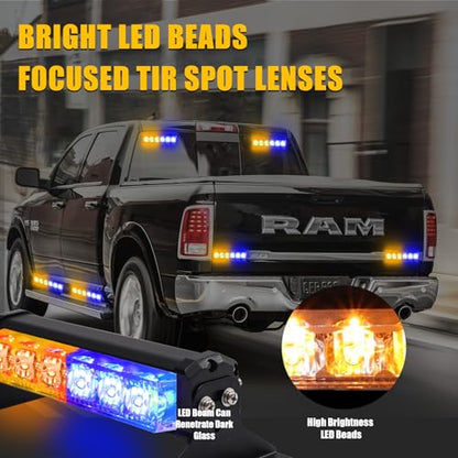 2X 6.1 inch Emergency Strobe Lights Amber/Blue 12 LED Warning Flashing Safety Dash Front/Rear Windshield Lights Grill Surface Mount for Police Firefighter Ambulance Vehicles Trucks - color: Amber/Blue