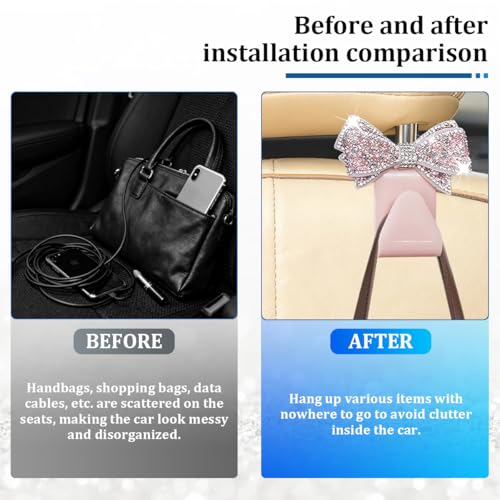 2PCS Bling Bow Car Seat Headrest Hook, Lovely Crystal Rhinestone Back Seat Storage Organizer for Handbag Purse Coat, Girly Sparkling Diamond Backseat Bag Hanger Holder, Universal Fit (Pink) - color: Pink