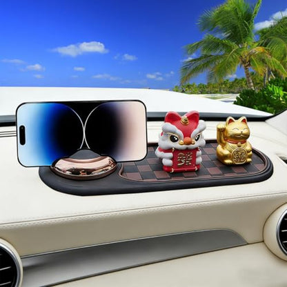 Car Dash Anti-Slip Pad, 3-in-1 Rotatable Dash Non-Slip Mat with Phone Holder & Temporary Parking Number, Multifunctional Dashboard Grip Mat for Key Gadgets, Universal Fit (Brown/Gold) - color: Brown/Gold