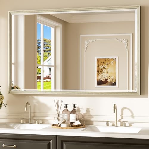 Keonjinn 48" x 30" Brushed Nickel Bathroom Mirrors for Over Sink, Aluminum Alloy Wide Frame, Safe Tempered Glass with Beveled Edge, Shatterproof, Silver Bathroom Vanity Mirror(Vertical/Horizontal) - color: Brushed Nickel, size: 30"L x 48"W