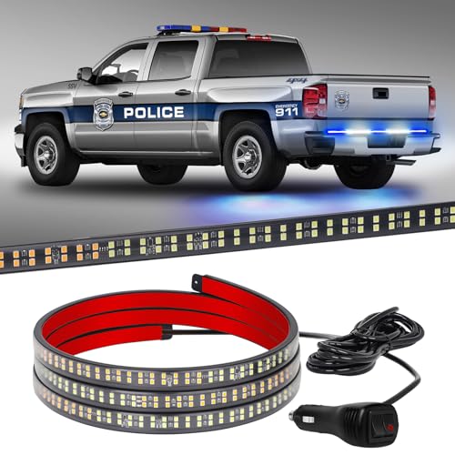 XRIDONSEN 60 inch Blue White Emergency Lights Strip 360 LED Truck Tailgate Rear Window Police Firefighter Lights Strobe Flashing Warning Hazard Safety First Responder for Vehicles Pickup Trucks - color: Blue/White