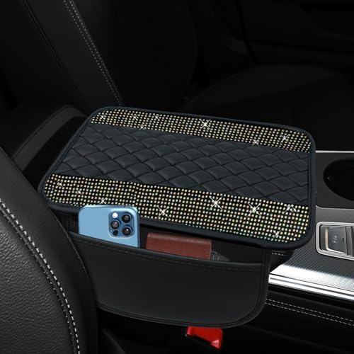 Bling Leather Car Center Console Cover, 12.2"×7.48" Crystal Rhinestone Automotive Arm Rest Cover with Side Pockets, Universal Vehicle Armrest Protector, Interior Car Accessories (Colorful) - color: Colorful