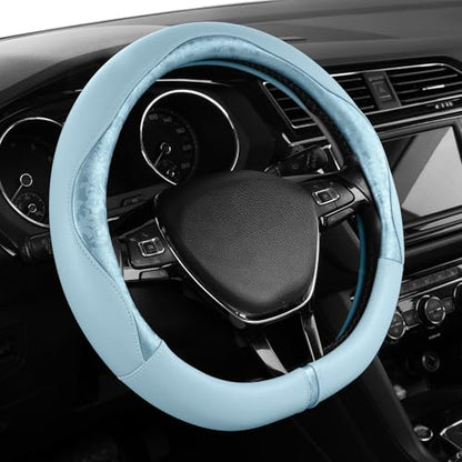 PIC AUTO Steering Wheel Cover, Light Blue Patterned Leather Patchwork Design, Universal Fit 14.5"–15.5" D-Shape Steering Cover, Soft PU Grain Leather, Durable Grip Car Accessory for Girls & Women - color: Fits D-Shape Light Blue