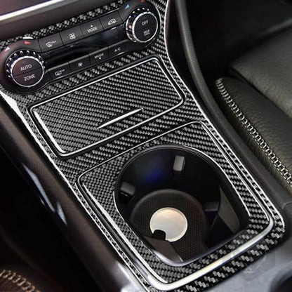 Real Carbon Fiber Center Control Storage Box Frame Cigarette Lighter Cover Water Cup Holder Frame Sticker Cover Accessories Compatible with Benz CLA C117 2014-2018 GLA X156 2015-2019 Black - Kit - color: Center Storage Cigarette Lighter Cup Holder - Kit
