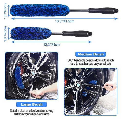 3PCS Wheel Brush Kit for Cleaning Wheel and Tire, Wheel and Rim Brush, Car Detailing Brushes, Bendable & Durable Car Wheel Rim Cleaner Brush Set,Car Detailing Cleaning Brush Supplies Kit - color: Blue