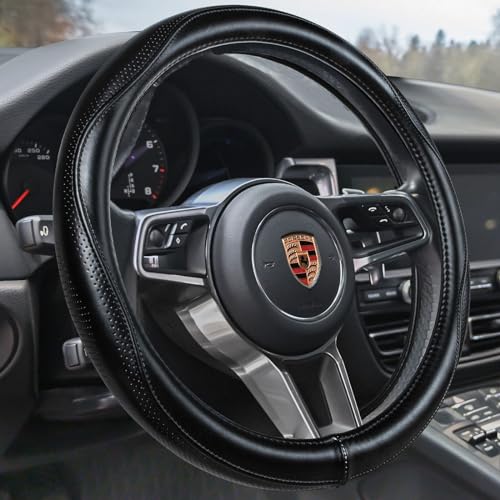 HAOKAY Top Grade Black Genuine Leather Steering Wheel Cover Men Women, Luxury Steering Wheel Cover for Cars, SUVS and Trucks，Universal 14.5-15 inch - color: BLACK