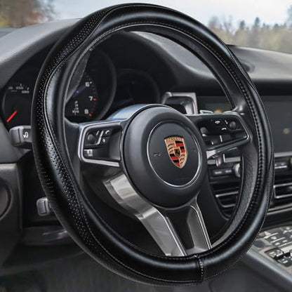 HAOKAY Top Grade Black Genuine Leather Steering Wheel Cover Men Women, Luxury Steering Wheel Cover for Cars, SUVS and Trucks，Universal 14.5-15 inch - color: BLACK
