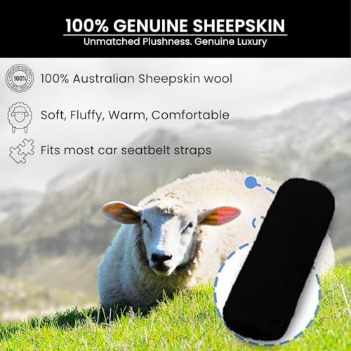 Andalus Genuine Sheepskin Car Seat Belt Cover Pad – Soft Fuzzy, Comfy Fluffy Seatbelt Covers, Shoulder Pad Neck Cushion Protector, Car Accessories for Woman, Man, Girl (Black, 2-Pack) - color: Black