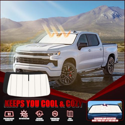 Windshield Sun Shade for Silverado/Sierra 1500 2019-2026, Silverado/Sierra 2500HD 3500HD 2020-2026, Accordion Folding Design Blocks Heat & UV Rays Maintain Cool Interior and Save Space - size: Silverado/Sierra 1500 2500HD 3500HD 2019-2026
