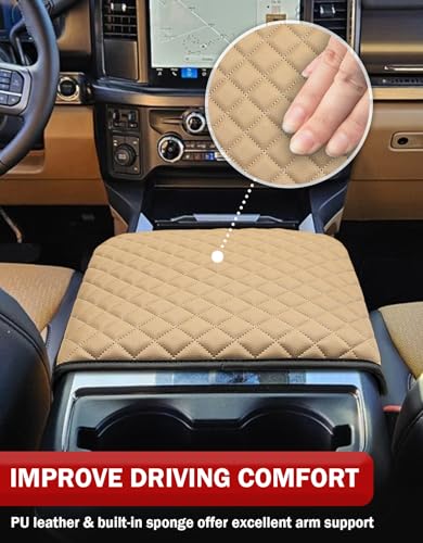 KBH Center Console Armrest Cover for F250-F550 Super Duty 2023-2026, Bucket Seat, Vinyl Leather Interior Trim, Arm Rest Lid Cushion Rrotector, Anti-Scratch, Baja Tan - color: Baja Tan