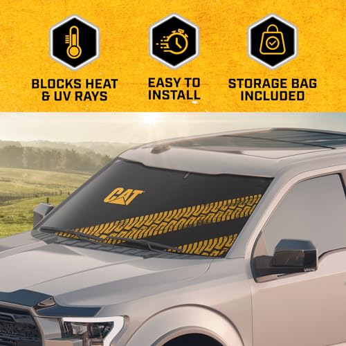 Cat Auto Shade for Car/Truck Windshield Pop-Up Sunshade UV Reflective Sun Shade Black with Yellow Tire Tracks – Jumbo Size 64” x 32” - color: Black XL