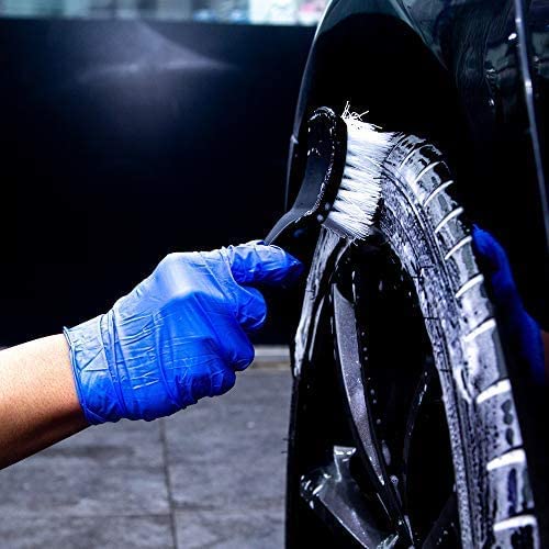 8.5” Nylon Tire Brush, Stiff Bristle Wheel Cleaning Tool, Car Floormat Scrub Brushes, Long Handled Detail Brush for Auto Detailing, Heavy Duty Nifty Interior Carpet (White)