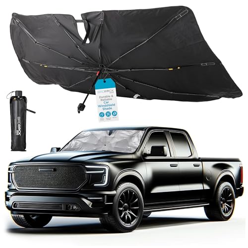 BIRDROCK HOME Car Windshield Sun Shade Umbrella - Foldable Cover UV Block for Front Window, Sunshield for SUV, Truck & Sedan, Protect Interior from Sun, Heat, & Wind - Extra Large - Black & Silver