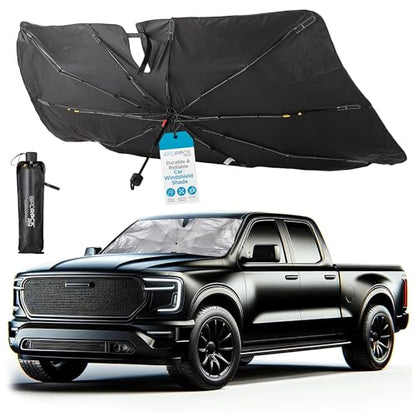 BIRDROCK HOME Car Windshield Sun Shade Umbrella - Foldable Cover UV Block for Front Window, Sunshield for SUV, Truck & Sedan, Protect Interior from Sun, Heat, & Wind - Extra Large - Black & Silver