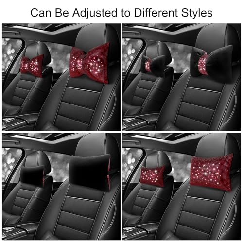 surpassme 2PCS Rhinestone Car Headrest Neck Pillow for Driving with Bling Bling Crystal Bow Pillow Car Accessories for Women (Red) - color: 2 Red Pillows