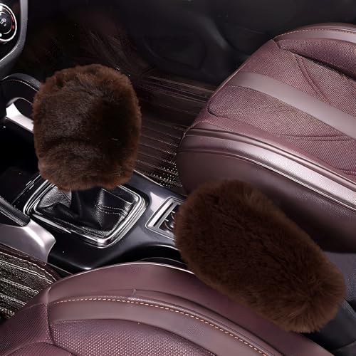 Hovom 2PCS Fluffy Car Gear Shift Knob Cover & Handbrake Cover, Soft Plush Hand Brake Handle & Gear Shift Cover for Women Girls, Universal Comfortable Warm Furry Car Accessories (Coffee) - color: Coffee