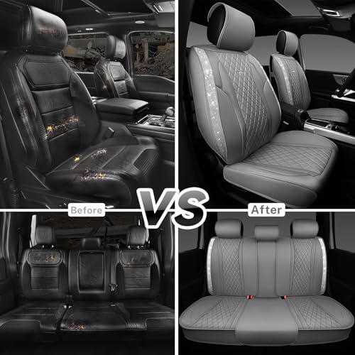 CAR PASS Gray Leather Bling Car Seat Covers Full Set, Luxury Microfiber Nappa PU Cushioned, Waterproof Anti-Slip Universal Fit for Auto SUV Sedan Sparkly Glitter Shining Rhinestone, Gray Diamond - color: Gray Diamond, size: Full Set