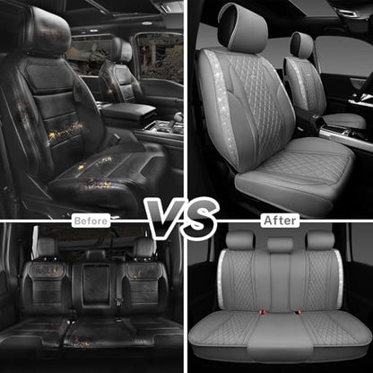 CAR PASS Gray Leather Bling Car Seat Covers Full Set, Luxury Microfiber Nappa PU Cushioned, Waterproof Anti-Slip Universal Fit for Auto SUV Sedan Sparkly Glitter Shining Rhinestone, Gray Diamond - color: Gray Diamond, size: Full Set