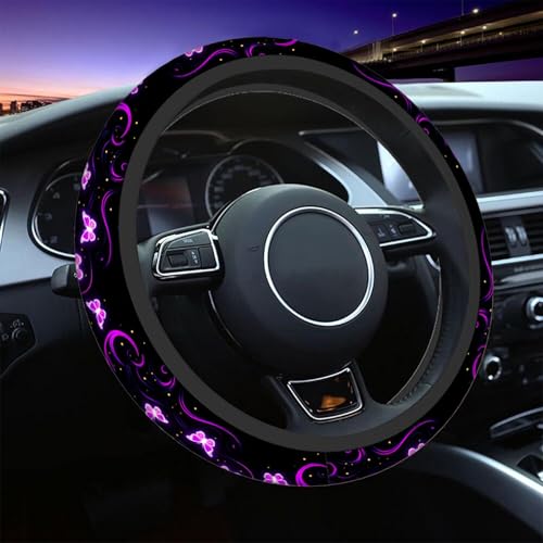 Swono Butterfly Purple Steering Wheel Cover for Men Women Abstract Purple Butterfly and Flower On The Black Universal 15 Inch Auto Neoprene Case Anti-Slip Car Wheel Protector - color: multi-049