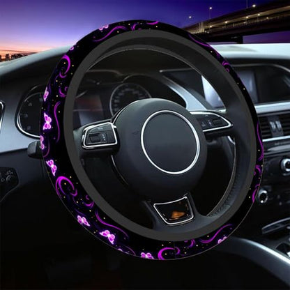 Swono Butterfly Purple Steering Wheel Cover for Men Women Abstract Purple Butterfly and Flower On The Black Universal 15 Inch Auto Neoprene Case Anti-Slip Car Wheel Protector - color: multi-049