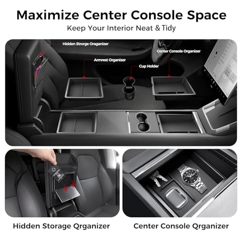 Center Console Organizer 5PCS Compatible with Tesla Model Y Juniper2026, Armrest Storage Tray, Hidden Storage Box, Cup Holder, Phone Holder – Interior Accessories for New Model Y/3 2025