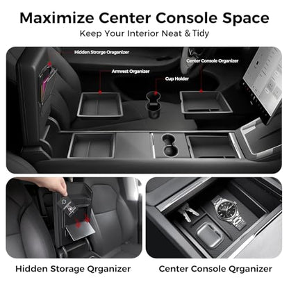 Center Console Organizer 5PCS Compatible with Tesla Model Y Juniper2026, Armrest Storage Tray, Hidden Storage Box, Cup Holder, Phone Holder – Interior Accessories for New Model Y/3 2025