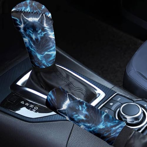 KEIAHUAN Blue Wolf Car Gear Shift Cover Set, Hand Brake Cover + Car Gear Shift Knob Cover for Men Auto Interior Accessories for Sedan/Truck/Sedan/Minivan - color: Blue Wolf