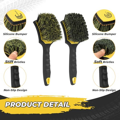 Wheel and Tire Brush Detailing Kit, Soft Rim Brush & Stiff Tire Brush with Silicone Bumper Guard, Non-Slip Ergonomic Handle Car Wash Set for Alloy Wheels, Fenders, Mats - color: black yellow