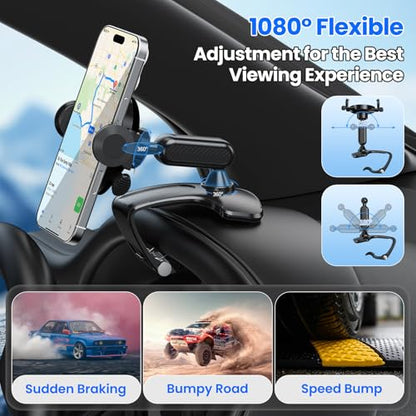Car Phone Holder Dashboard Phone Mount, 2025 Upgraded 360 Degree Rotation Multifunctional Clip Design, Universal Car Phone Mount Compatible with 4–7 Inch Cell Phones (Black)