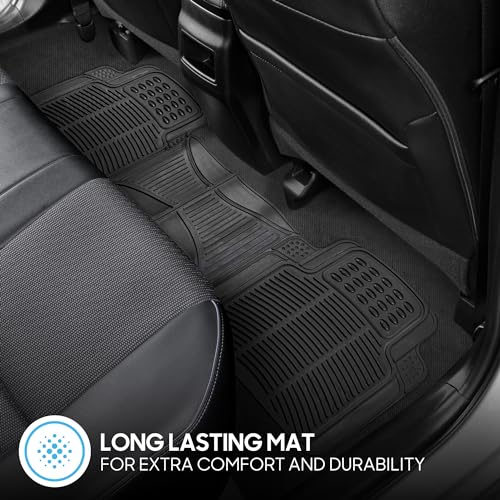 BDK M783 DuraChannel Heavy Duty Rubber Car Floor Mats Liner for Auto - All Weather 3 Piece Set Front & Rear, Fits Car Truck SUV Van, Universal Trim to Fit - color: Black