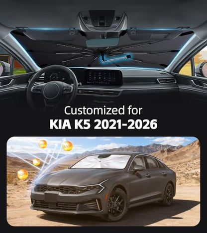 Windshield Sun Shade for KIA K5 2021-2026 with 360° Rotating Shaft, Custom Fit Umbrella Sunshade for UV Blocking, Interior Heat Protection, Easy Storage - size: Fit for KIA K5 2021-2026