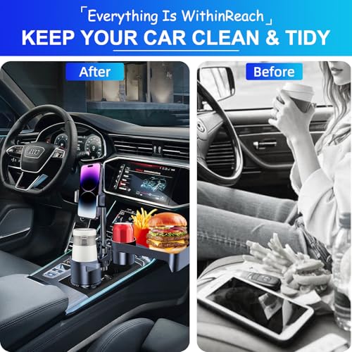 Car Cup Holder Tray, 4 in 1 Drink Holder Expander with Expandable Food Tray Table, for Road Trip Essentials & Daily Commute (Tray(9.05" * 5.7"))