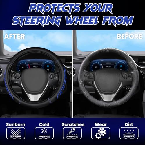 Ventilated Heart-Shaped Steering Wheel Cover with Anti-Slip Leather Grip. Compatible with Ford, Toyota, Honda, Nissan, and Chevrolet Vehicles for 14.5-15.2 inch Round Steering Wheels. - color: Love Blue
