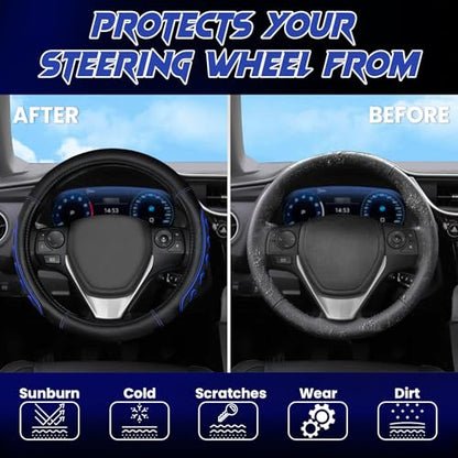 Ventilated Heart-Shaped Steering Wheel Cover with Anti-Slip Leather Grip. Compatible with Ford, Toyota, Honda, Nissan, and Chevrolet Vehicles for 14.5-15.2 inch Round Steering Wheels. - color: Love Blue