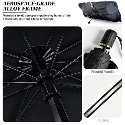 Windshield Sun Shade Umbrella, Foldable Car Sunshade, Ice Crystal Cooling Coating Car Sunshade & Heat Shield, UPF 50+ UV Protection, Spring-Enhanced Frame for Most Sedans SUVs (55"x31")