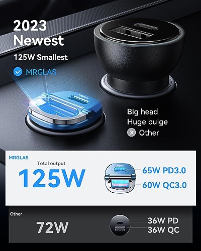 【Upgraded】 125W USB C Car Charger Super Fast Charging for iPhone 16, [PD65W & QC60W][All Metal] MRGLAS Cigarette Lighter Car Charger,Dual Port for iPhone 16 15 Pro iPad Samsung S25 S24 MacBook-Blue - color: Blue