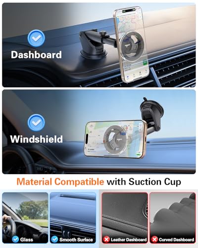volport for Magsafe Car Mount [Dashboard & Windshield]: Universal Dash Magnetic Phone Holder [360° Rotatable Suction Cup], Strong Window Magnet Mobile Stand for iPhone Samsung Mag Safe Cell Phone Case - style: Dash Mount