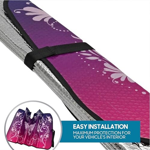 BDK Pink Butterfly Front Windshield Sunshade Accordion Folding Style Auto Shade for Cars Trucks SUVs Vans Blocks UV Rays Sun Visor Protector Easy Setup Keeps Your Vehicle Cool 58" x 27"