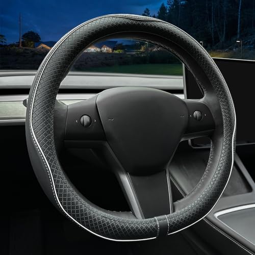 LKWLIKEI Nappa Leather Ultra-Thin Steering Wheel Cover, for Tesla Model 3/Y Steering Wheel Cover, Non-Slip Design and Interior Modification of car Accessories. - color: Black and White