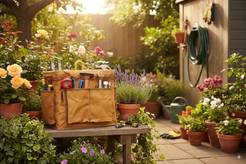 Water Resistant Gardening Tool Bag with Handles - 6 Pockets Utility Self-Standing Organizer for Camping/Garden/Car Storage, 14" x 13" x 10" | Khaki - color: Khaki
