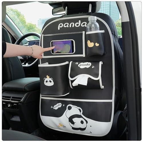 YUNZLAN Cute Panda Leather Car Backseat Organizer 1 Pack Car Seat Back Protectors with Clear 10" Tablet Holder + 4 Storage Pockets - color: Black