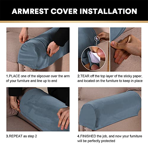 PrinceDeco 4 Pack Thick Velvet Stretch Armrest Covers for Chairs & Sofas - Non Slip, Stone Blue - color: Stone Blue