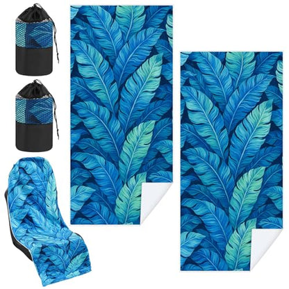 Hahafelt 2 Pack Car Seat Towel Covers with Storage Bag, 63 x 32 Inch Universal Non Slip Waterproof Sweat Protector for Car Truck, Gym Swimming Running, Machine Washable (Blue Leaves) - style: Blue Leaves