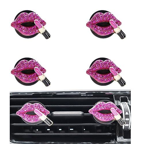 ORIESSE 4pcs Red Purple Lips Car Vent Clips Air Freshener Dazzling Lipstick Girly Car Decor Accessories for Women Bling Car Interior Decorations Refillable Diffuser - color: Rose Red